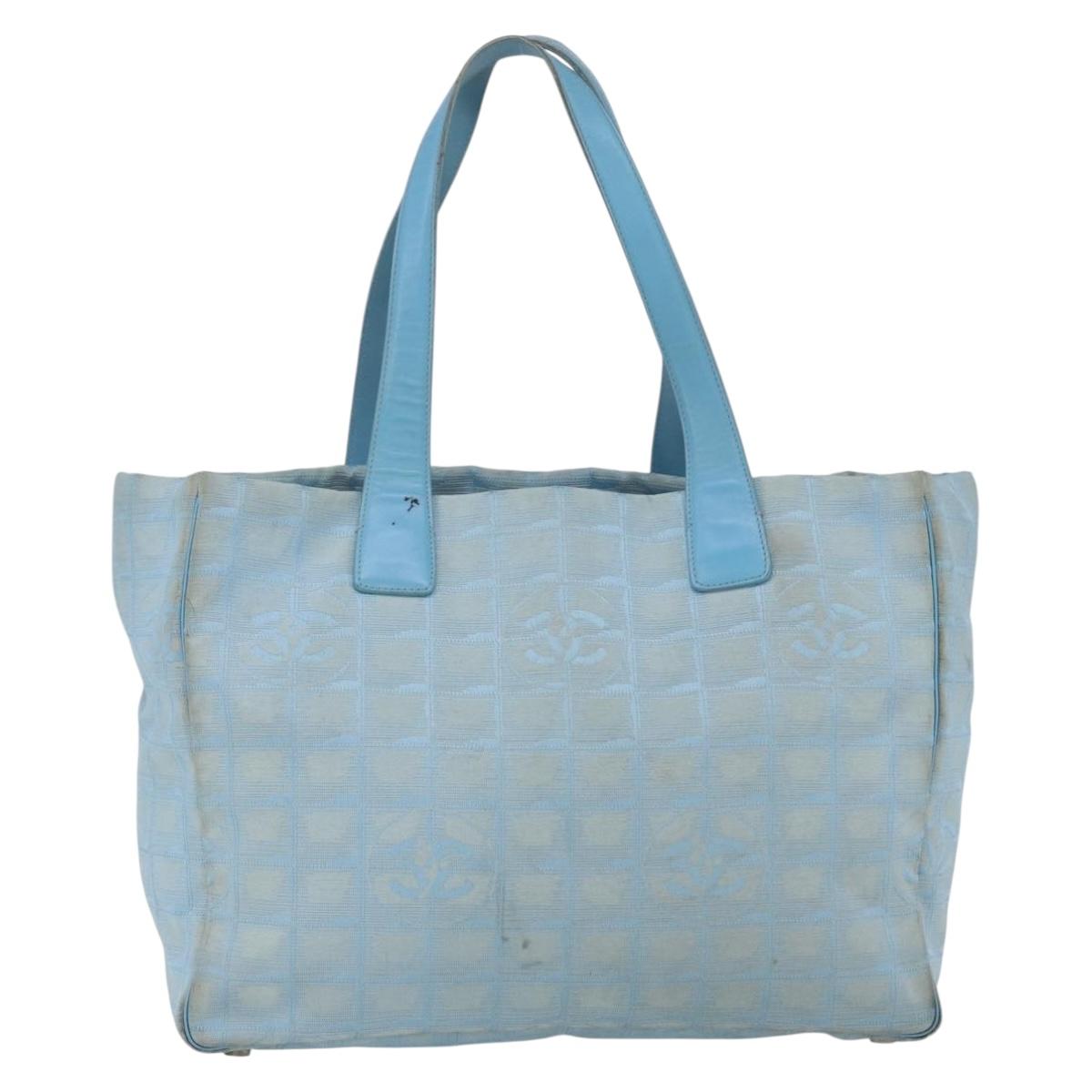 CHANEL New Travel Line Tote Bag Nylon Blue Silver CC Auth bs32461