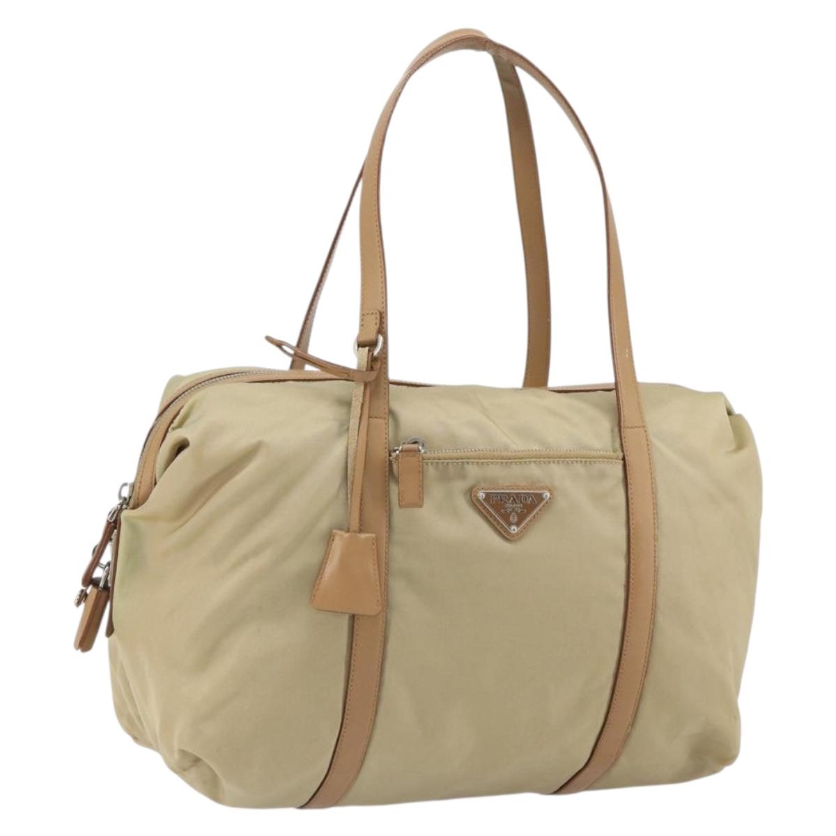 PRADA Tote Bag Nylon Beige Silver Auth bs32506