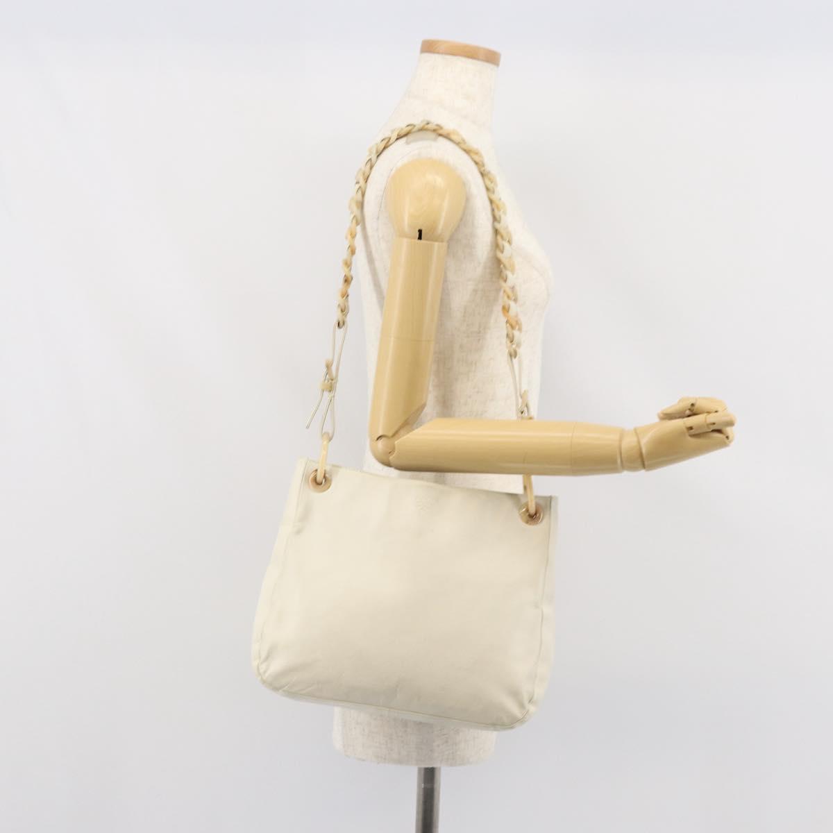 PRADA Chain Shoulder Bag Leather White Silver Auth bs32511