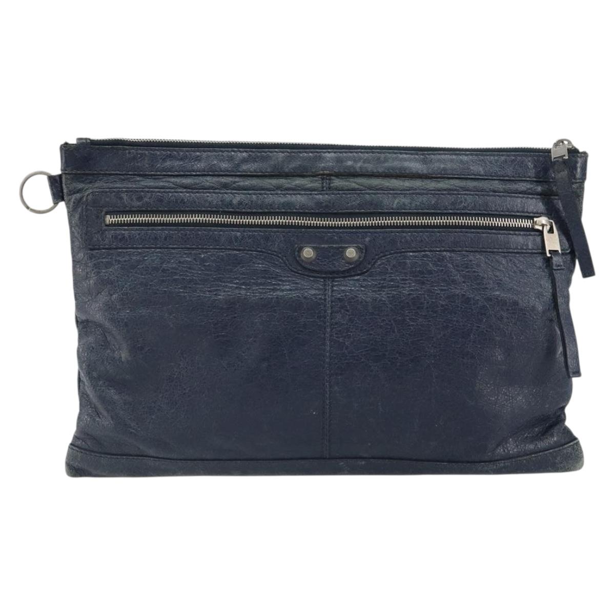 BALENCIAGA Classic Clip L Clutch Bag Leather Navy Silver 273023 Auth bs32576