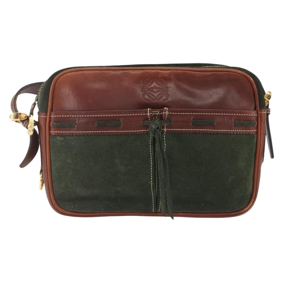 LOEWE Shoulder Bag Suede Khaki Gold Auth bs32579