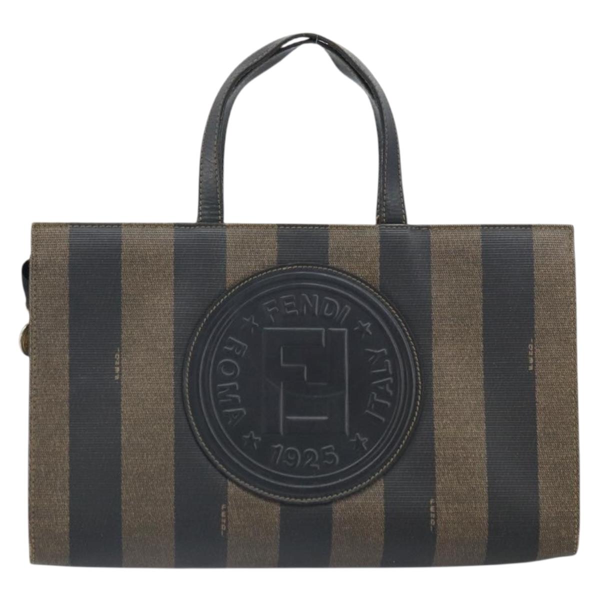 FENDI Pecan Canvas Hand Bag Black Brown Auth bs32638