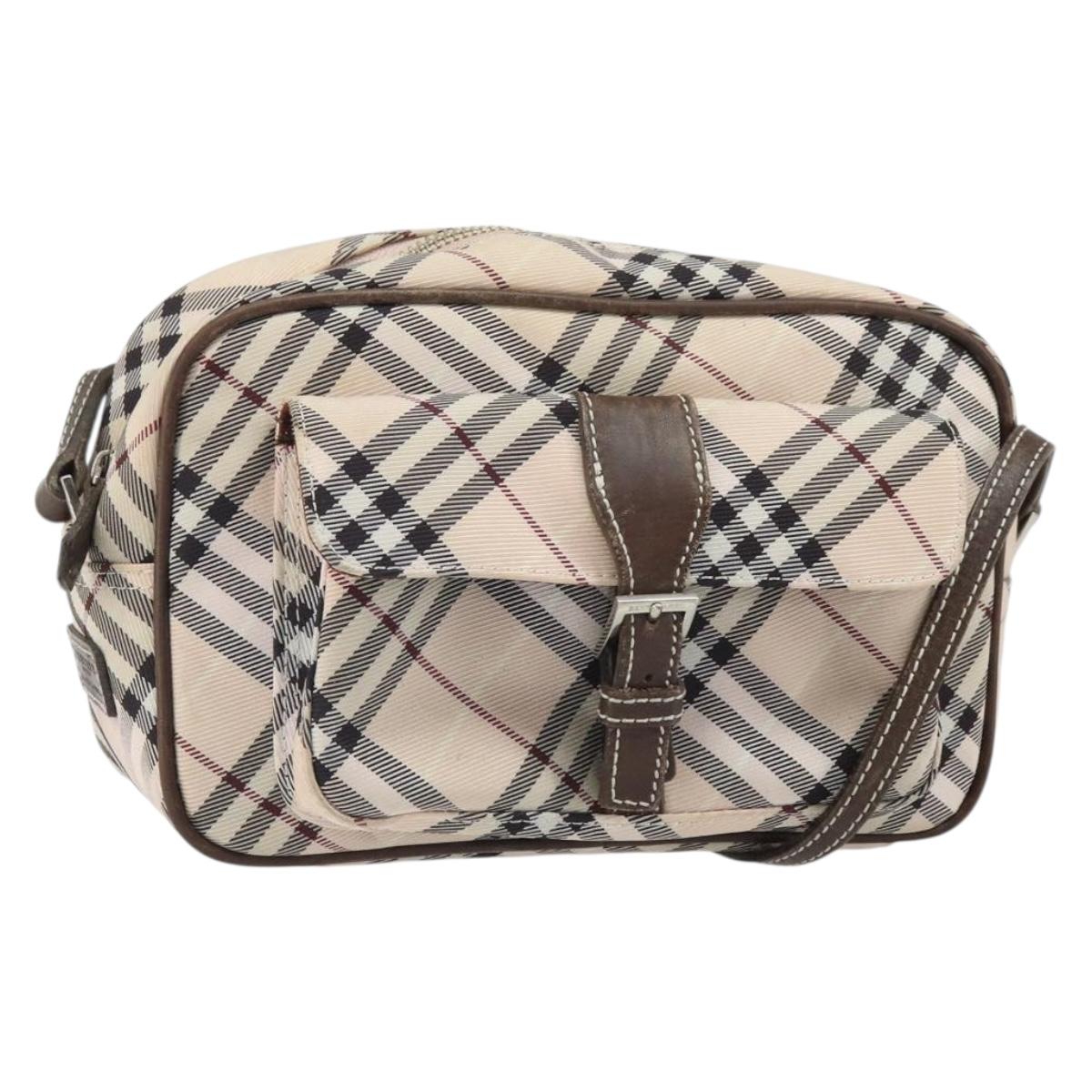 BURBERRY Nova Check Blue Label Shoulder Bag Nylon Beige Silver Auth bs32647