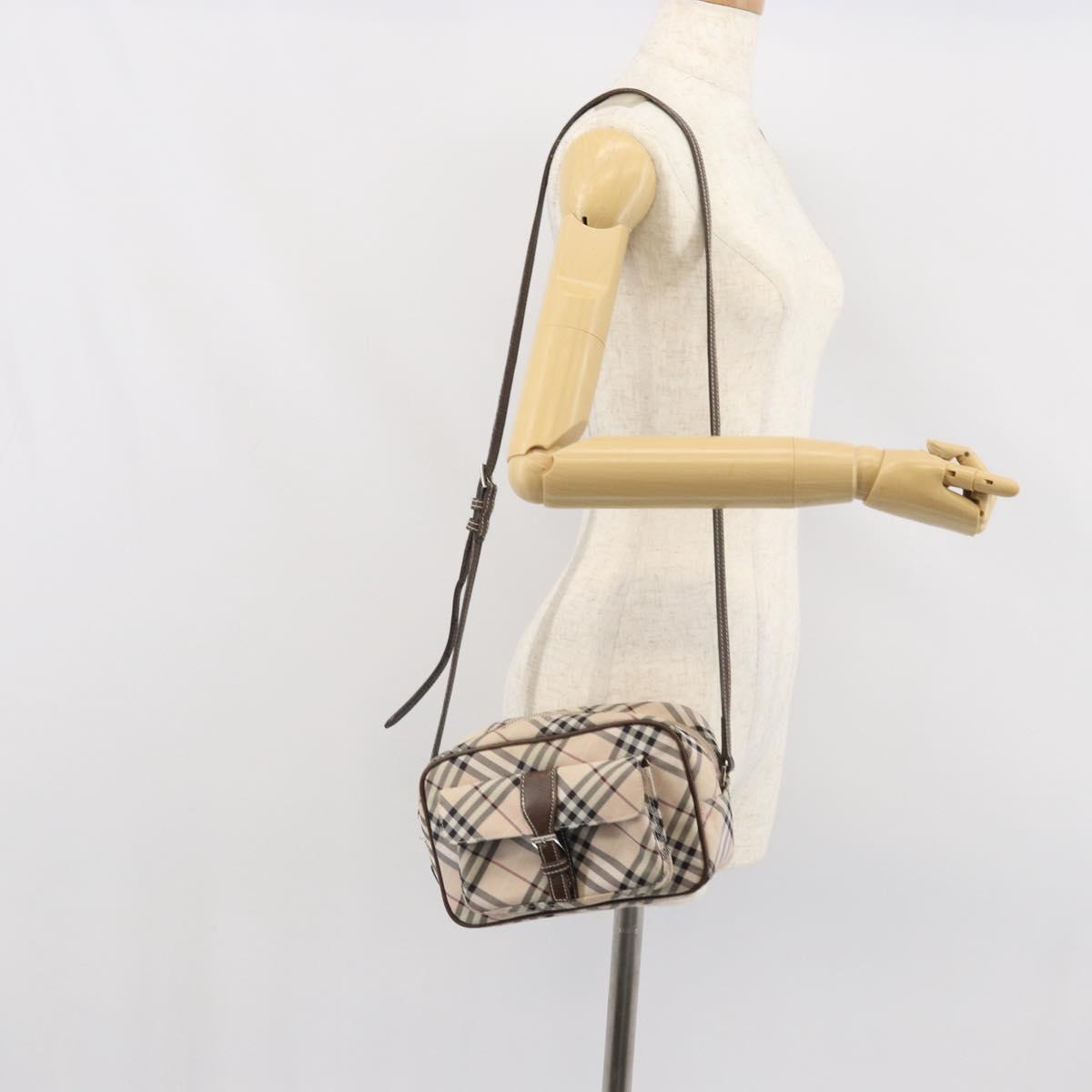 BURBERRY Nova Check Blue Label Shoulder Bag Nylon Beige Silver Auth bs32647