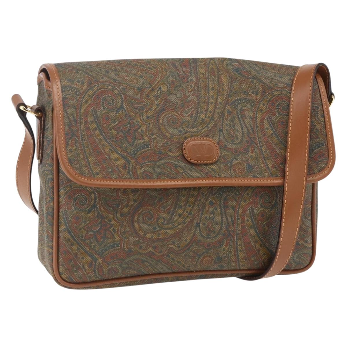 VALENTINO Shoulder Bag PVC Canvas Brown Gold Auth bs32650