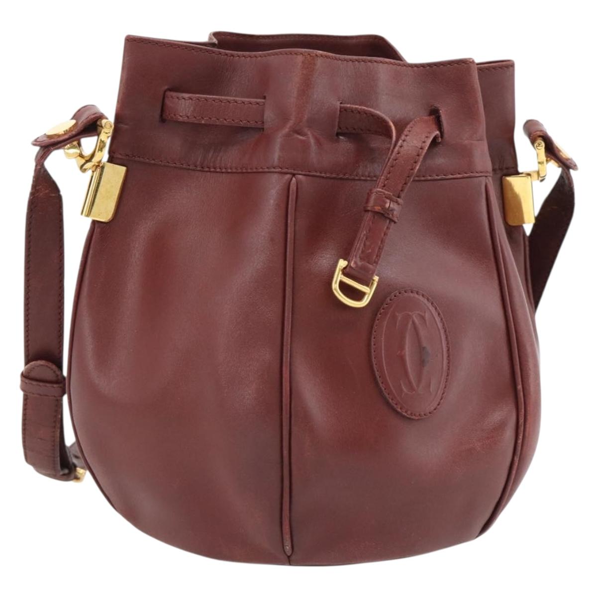 CARTIER Must Line Shoulder Bag Leather Bordeaux Gold Auth bs32660