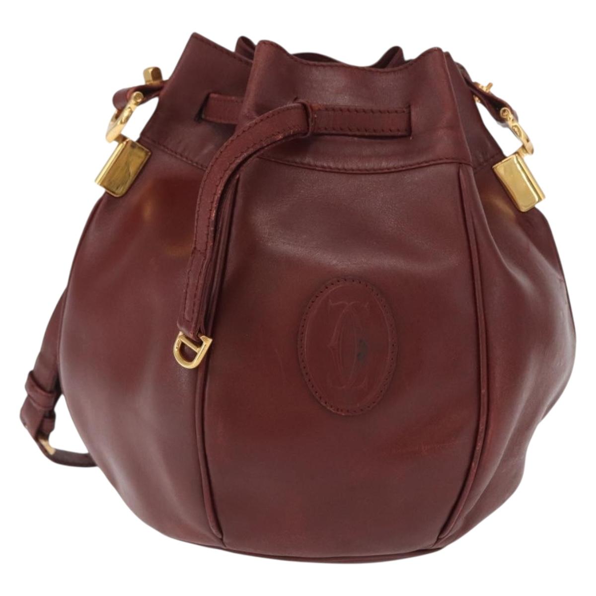 CARTIER Must Line Shoulder Bag Leather Bordeaux Gold Auth bs32660