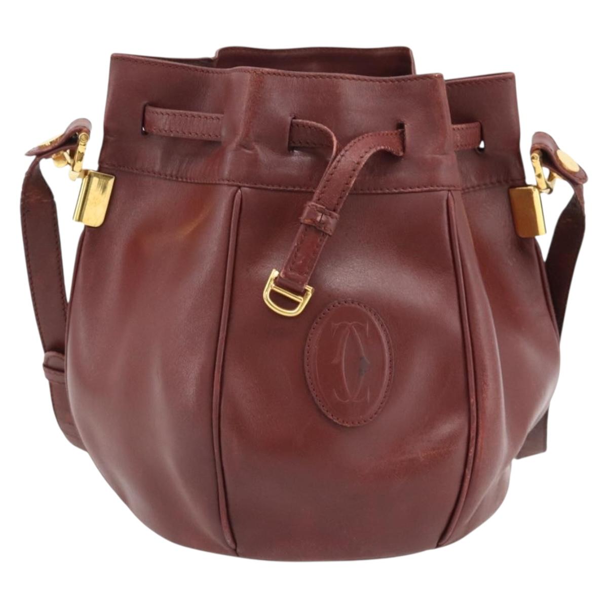 CARTIER Must Line Shoulder Bag Leather Bordeaux Gold Auth bs32660