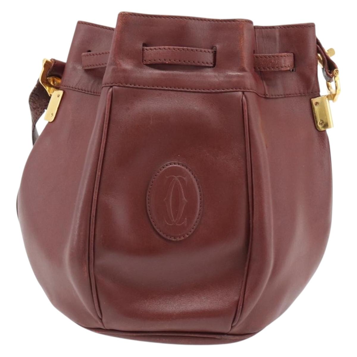 CARTIER Must Line Shoulder Bag Leather Bordeaux Gold Auth bs32660