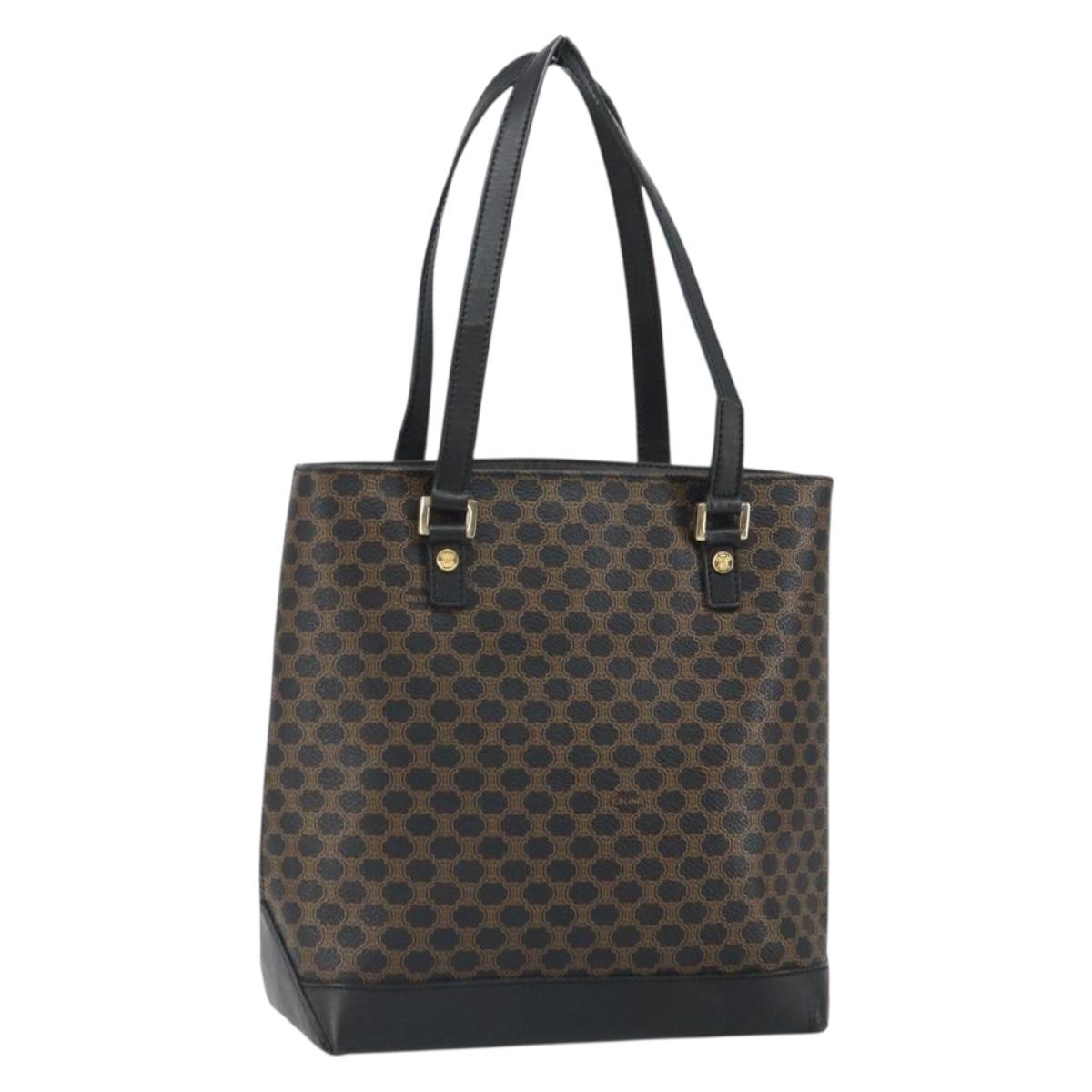 CELINE Macadam Canvas Tote Bag PVC Leather Black Gold Auth bs32663