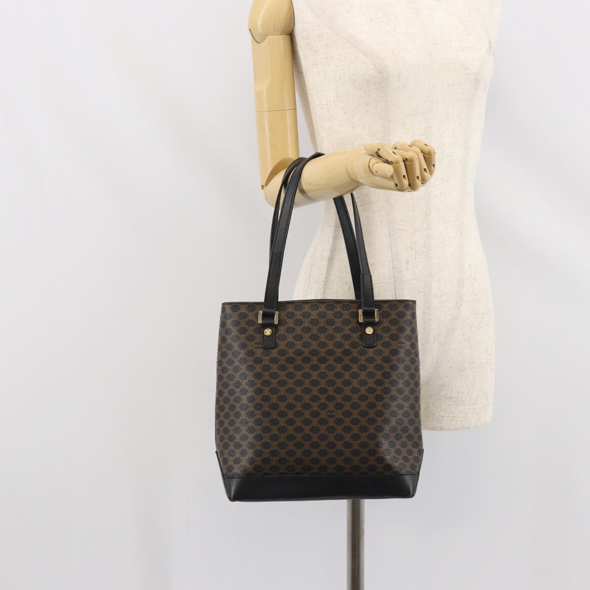 CELINE Macadam Canvas Tote Bag PVC Leather Black Gold Auth bs32663