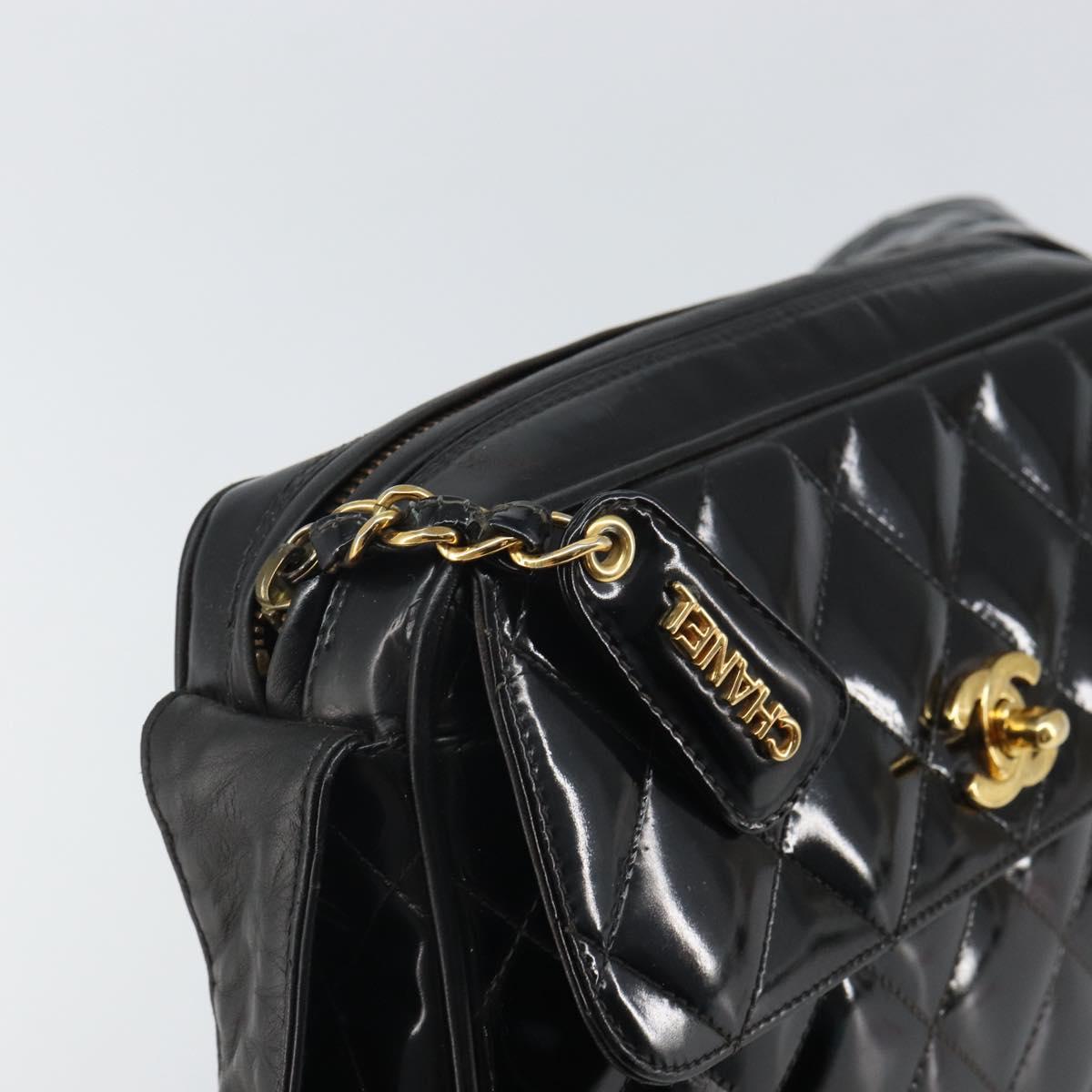 CHANEL Matelasse Shoulder Bag Patent leather Black Gold CC Auth bs32676