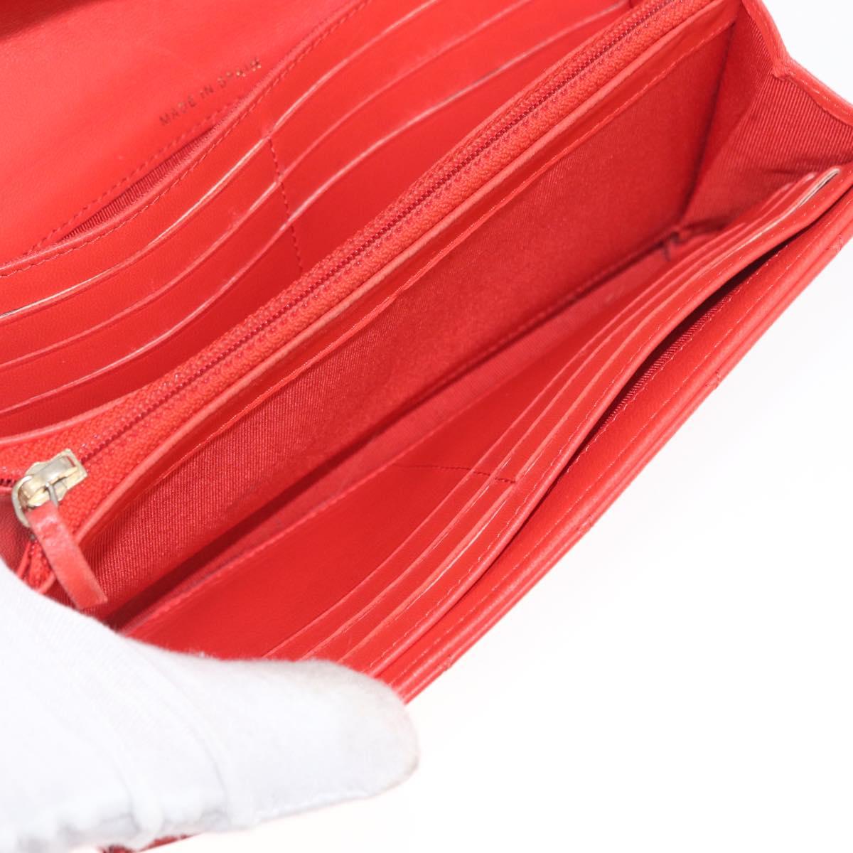 CHANEL Matelasse Long Wallet Lamb Skin Red CC Auth bs32679