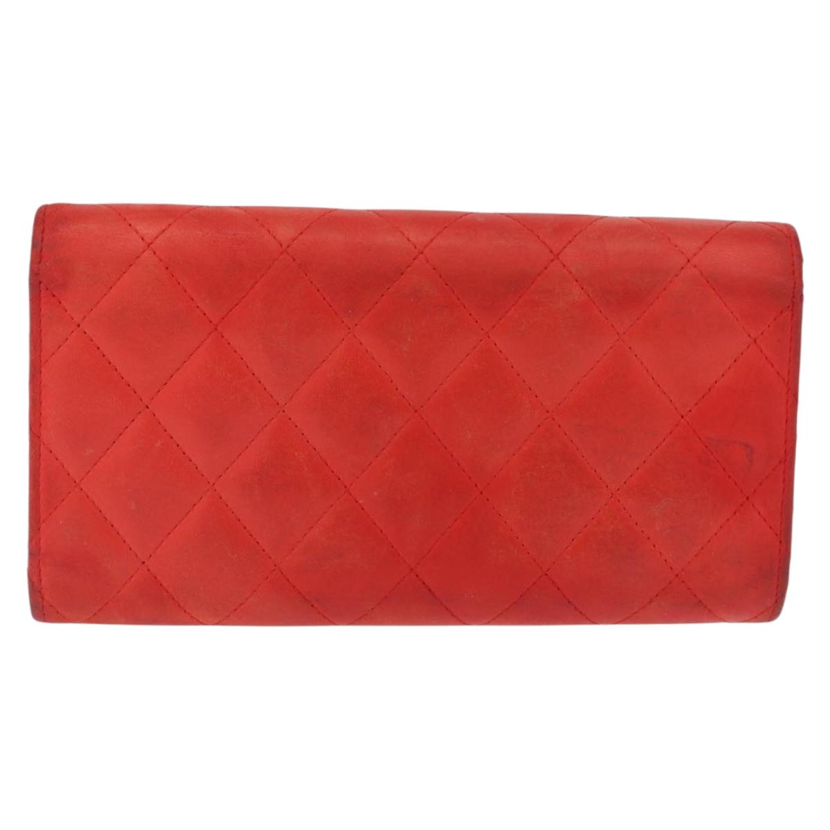 CHANEL Matelasse Long Wallet Lamb Skin Red CC Auth bs32679