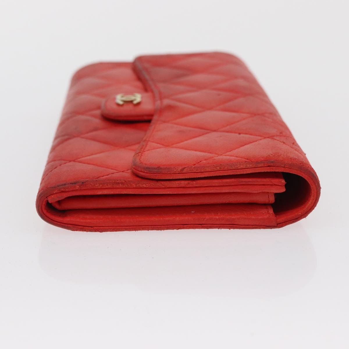 CHANEL Matelasse Long Wallet Lamb Skin Red CC Auth bs32679