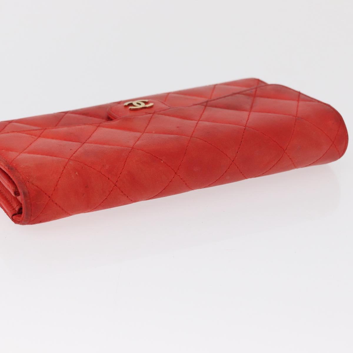 CHANEL Matelasse Long Wallet Lamb Skin Red CC Auth bs32679