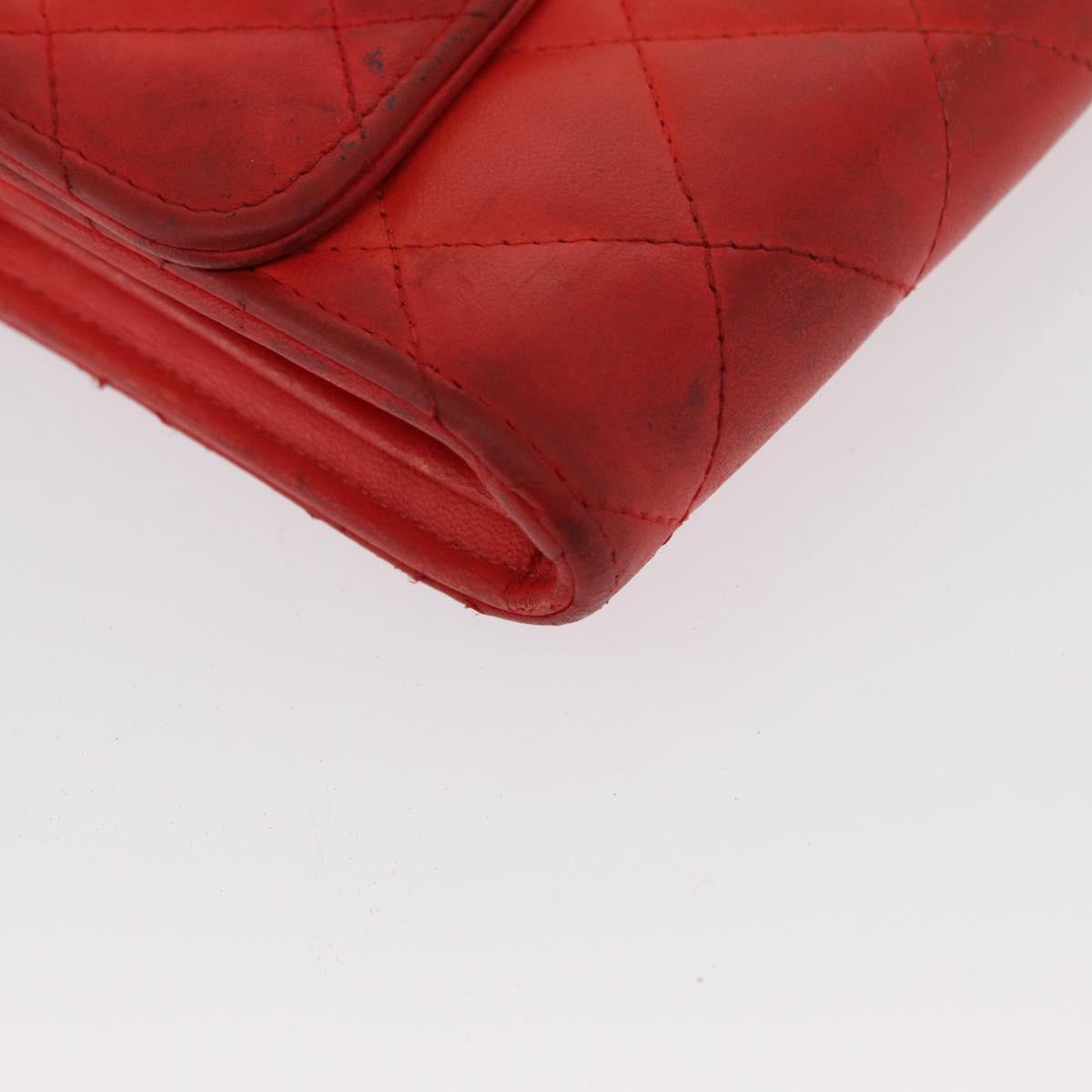 CHANEL Matelasse Long Wallet Lamb Skin Red CC Auth bs32679