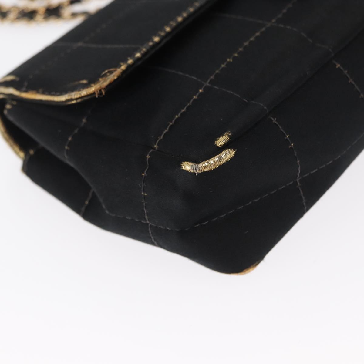 CHANEL Choco Bar Chain Shoulder Bag Satin Black Gold CC Auth bs32680