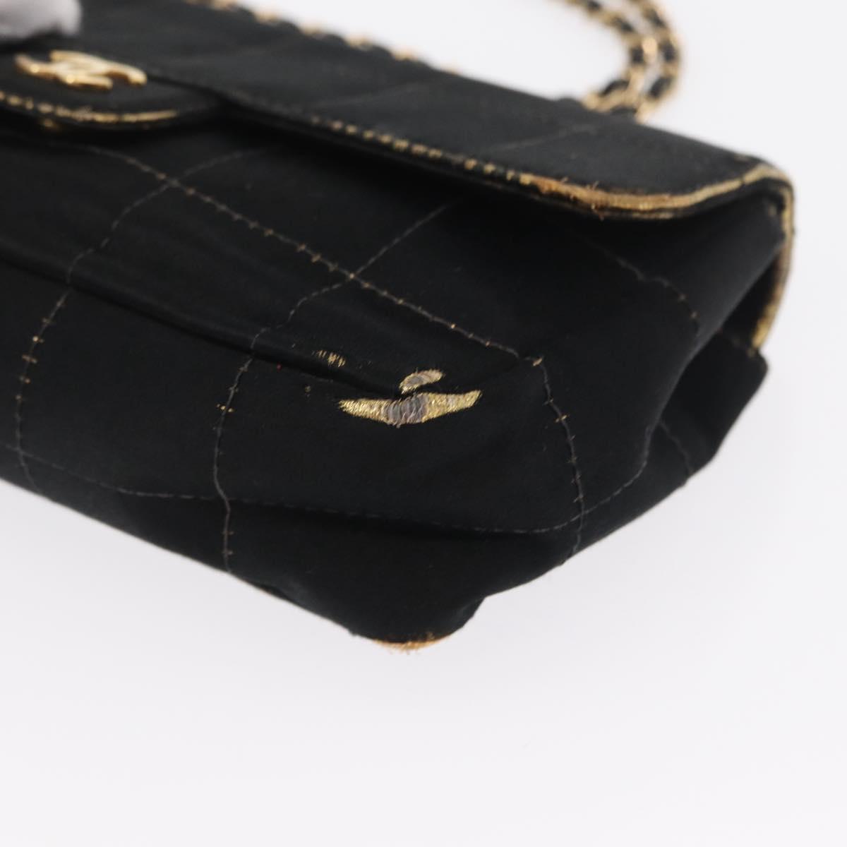 CHANEL Choco Bar Chain Shoulder Bag Satin Black Gold CC Auth bs32680