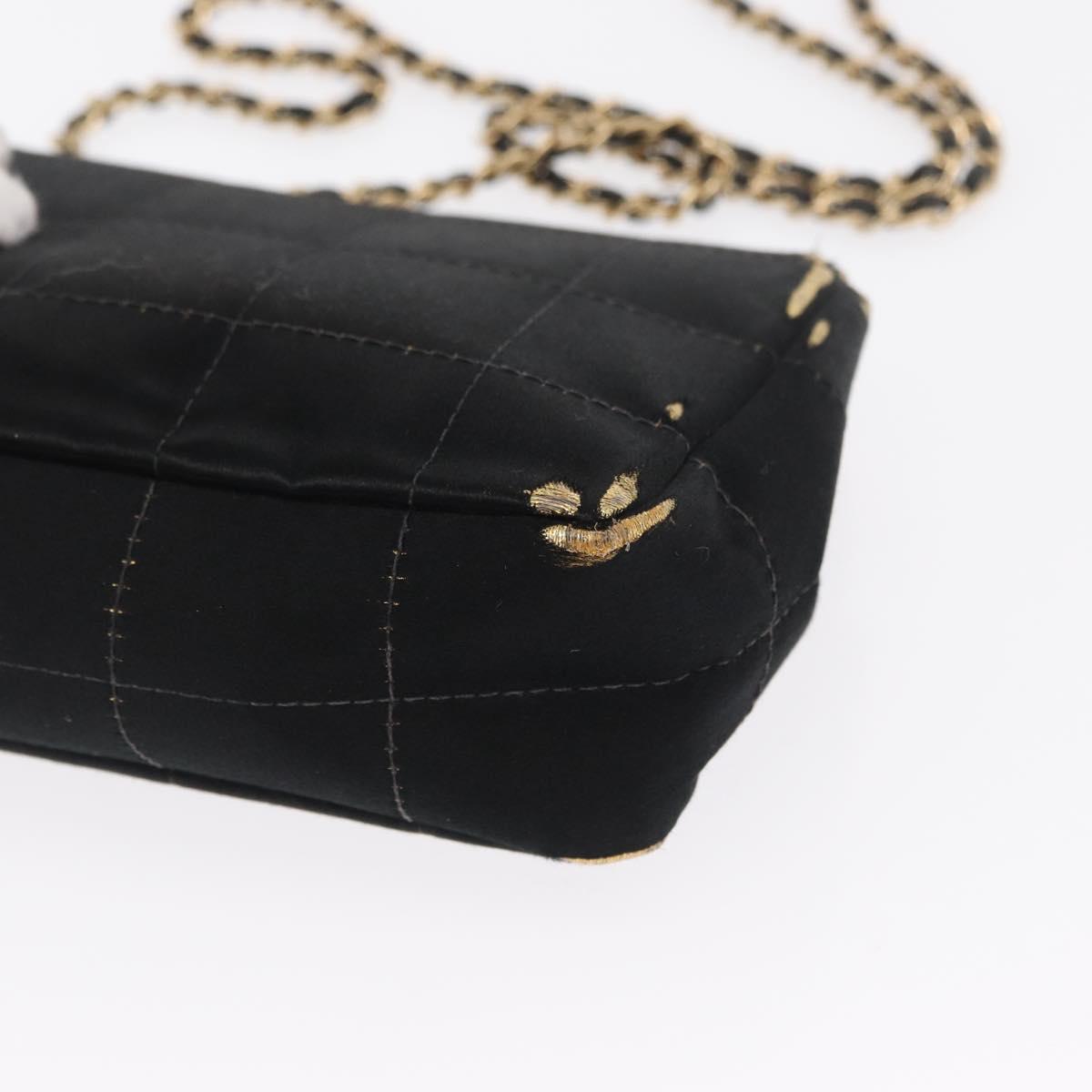 CHANEL Choco Bar Chain Shoulder Bag Satin Black Gold CC Auth bs32680