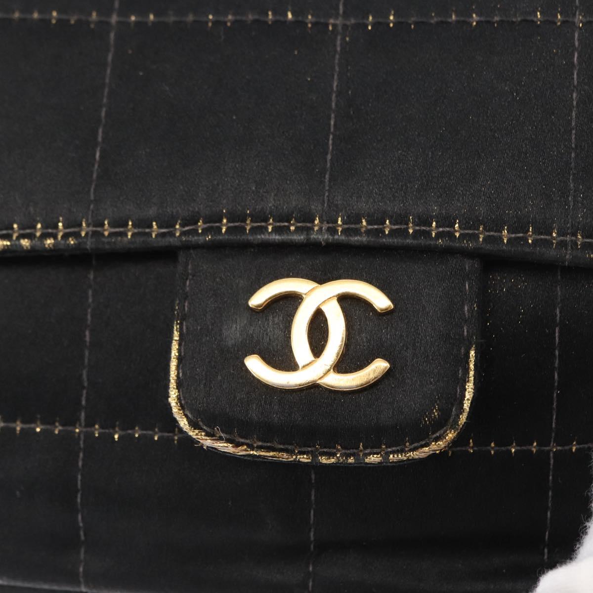 CHANEL Choco Bar Chain Shoulder Bag Satin Black Gold CC Auth bs32680