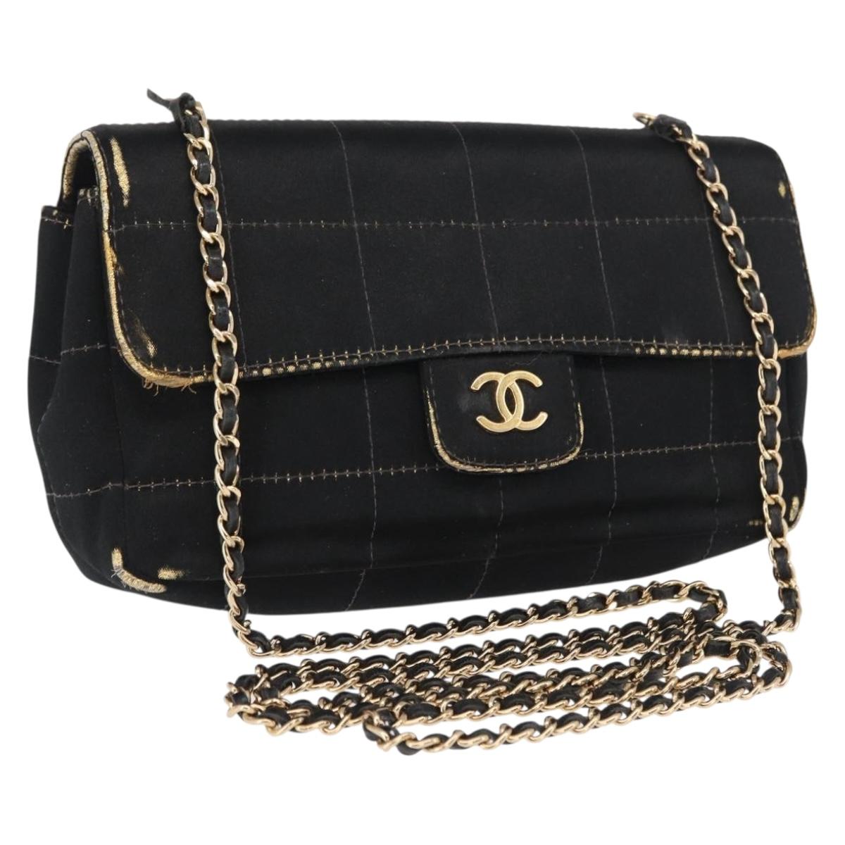 CHANEL Choco Bar Chain Shoulder Bag Satin Black Gold CC Auth bs32680