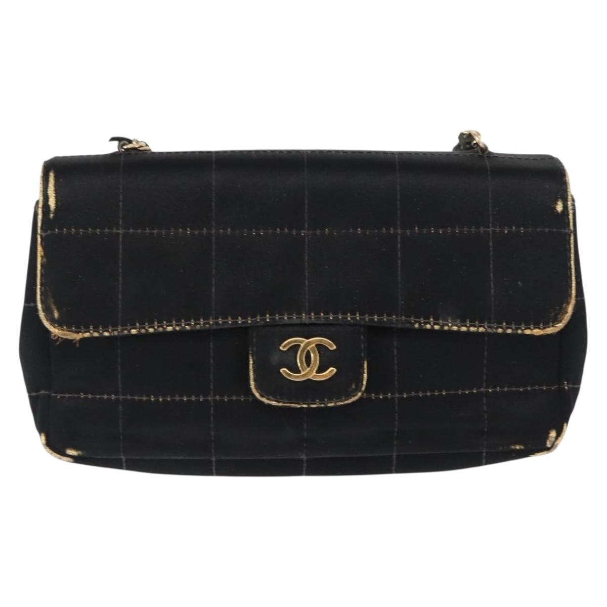CHANEL Choco Bar Chain Shoulder Bag Satin Black Gold CC Auth bs32680