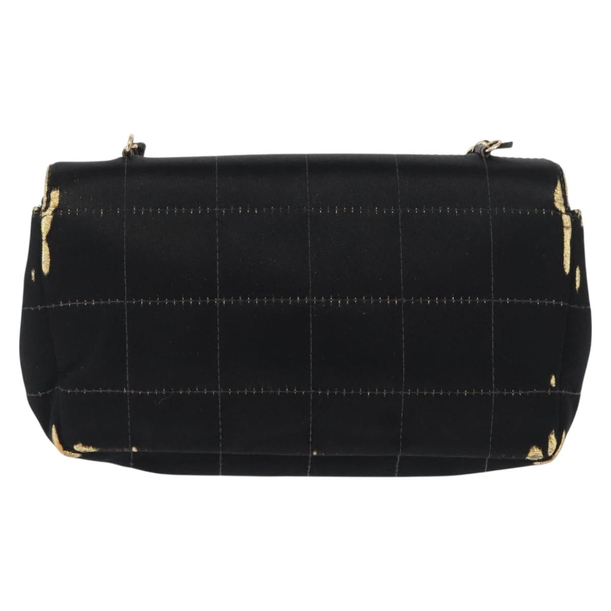 CHANEL Choco Bar Chain Shoulder Bag Satin Black Gold CC Auth bs32680