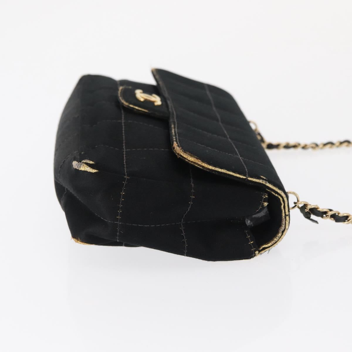 CHANEL Choco Bar Chain Shoulder Bag Satin Black Gold CC Auth bs32680