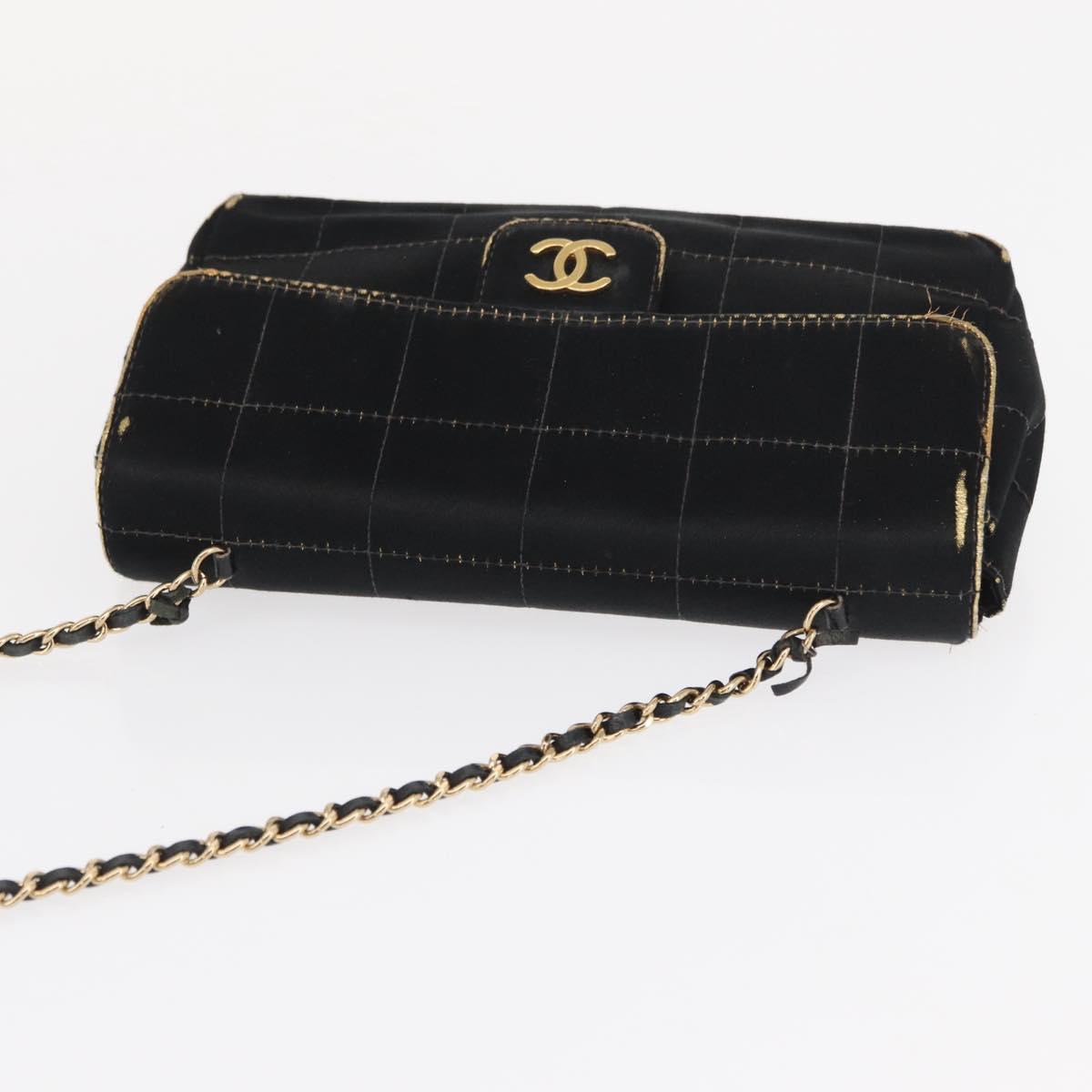 CHANEL Choco Bar Chain Shoulder Bag Satin Black Gold CC Auth bs32680