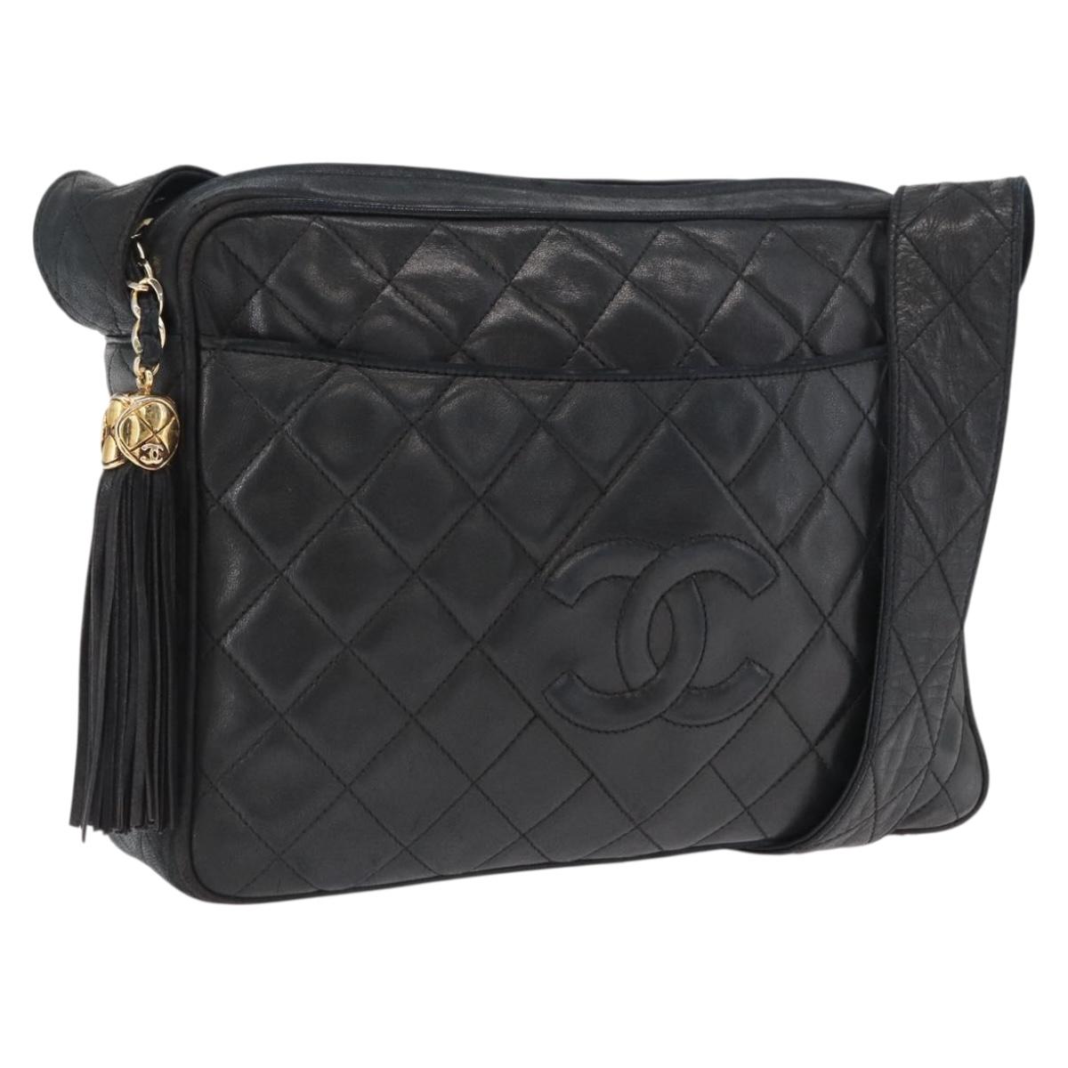 CHANEL Matelasse Shoulder Bag Lamb Skin Black Gold CC Auth bs32685