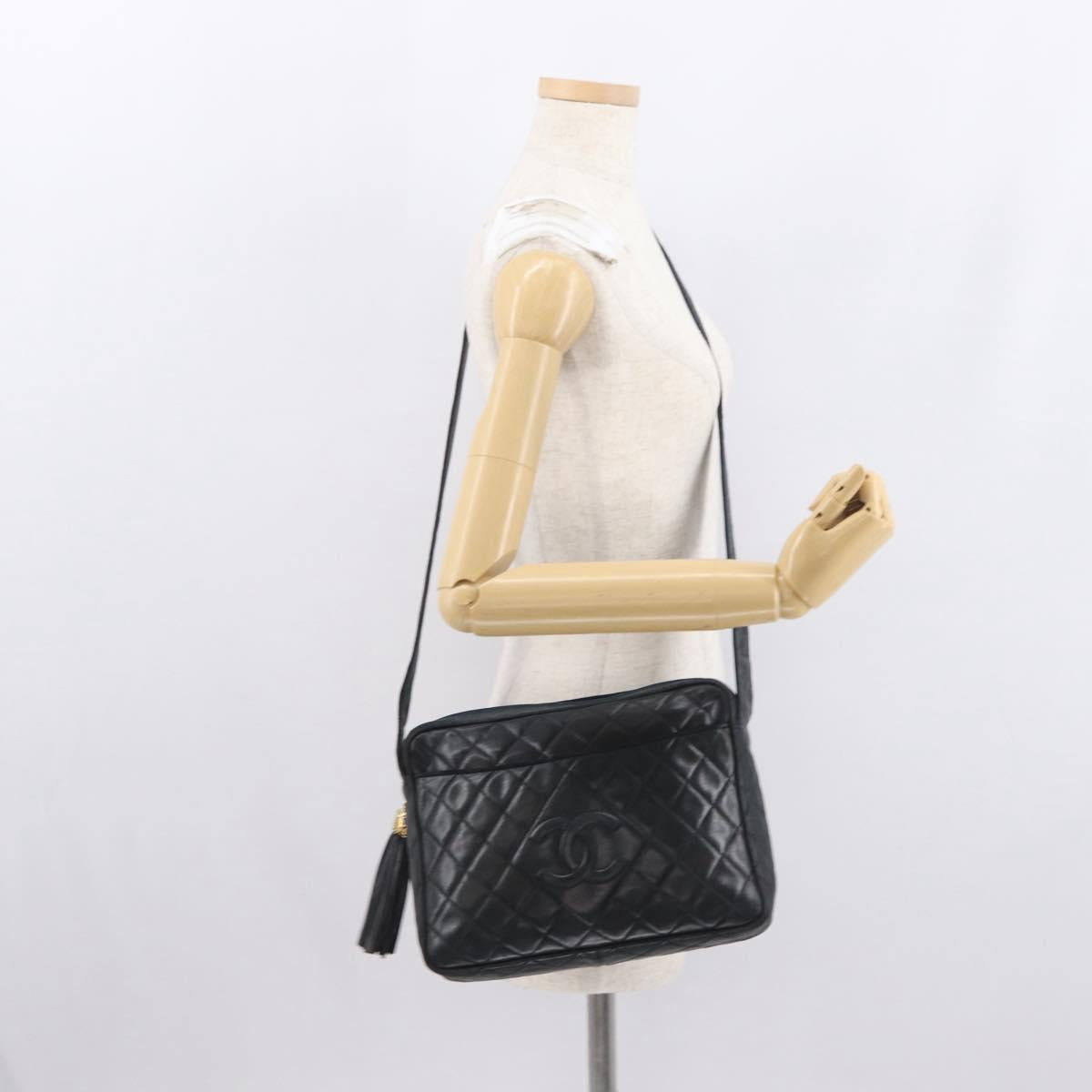 CHANEL Matelasse Shoulder Bag Lamb Skin Black Gold CC Auth bs32685