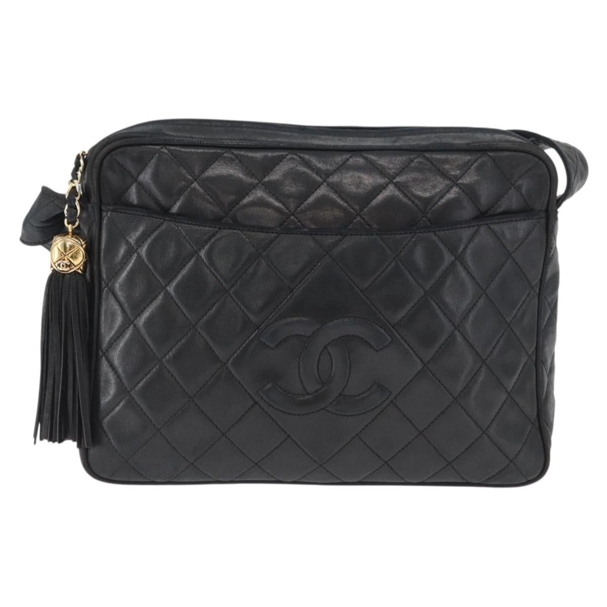 CHANEL Matelasse Shoulder Bag Lamb Skin Black Gold CC Auth bs32685