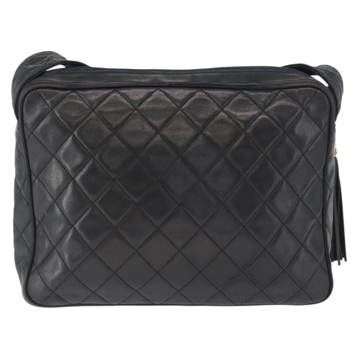 CHANEL Matelasse Shoulder Bag Lamb Skin Black Gold CC Auth bs32685