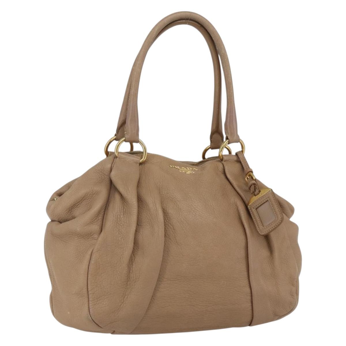 PRADA Hand Bag Leather Beige Gold Auth bs32687