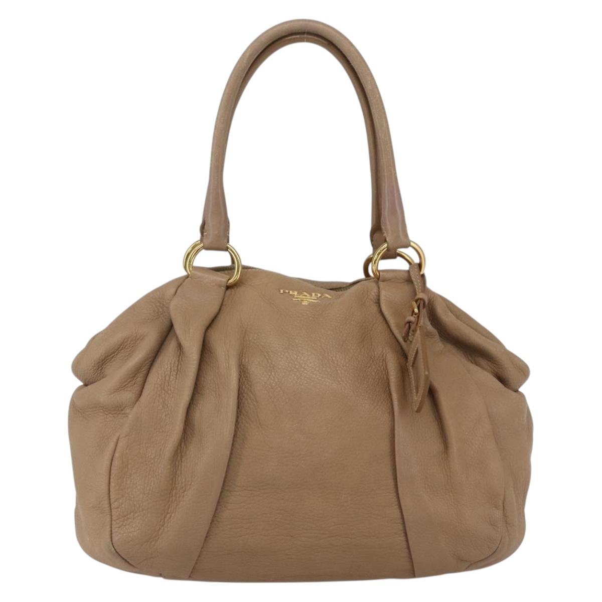 PRADA Hand Bag Leather Beige Gold Auth bs32687