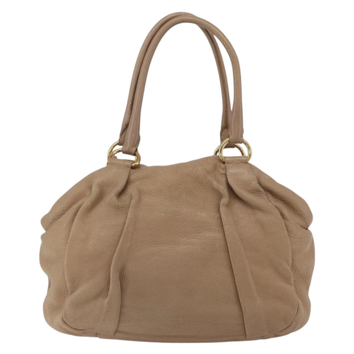 PRADA Hand Bag Leather Beige Gold Auth bs32687