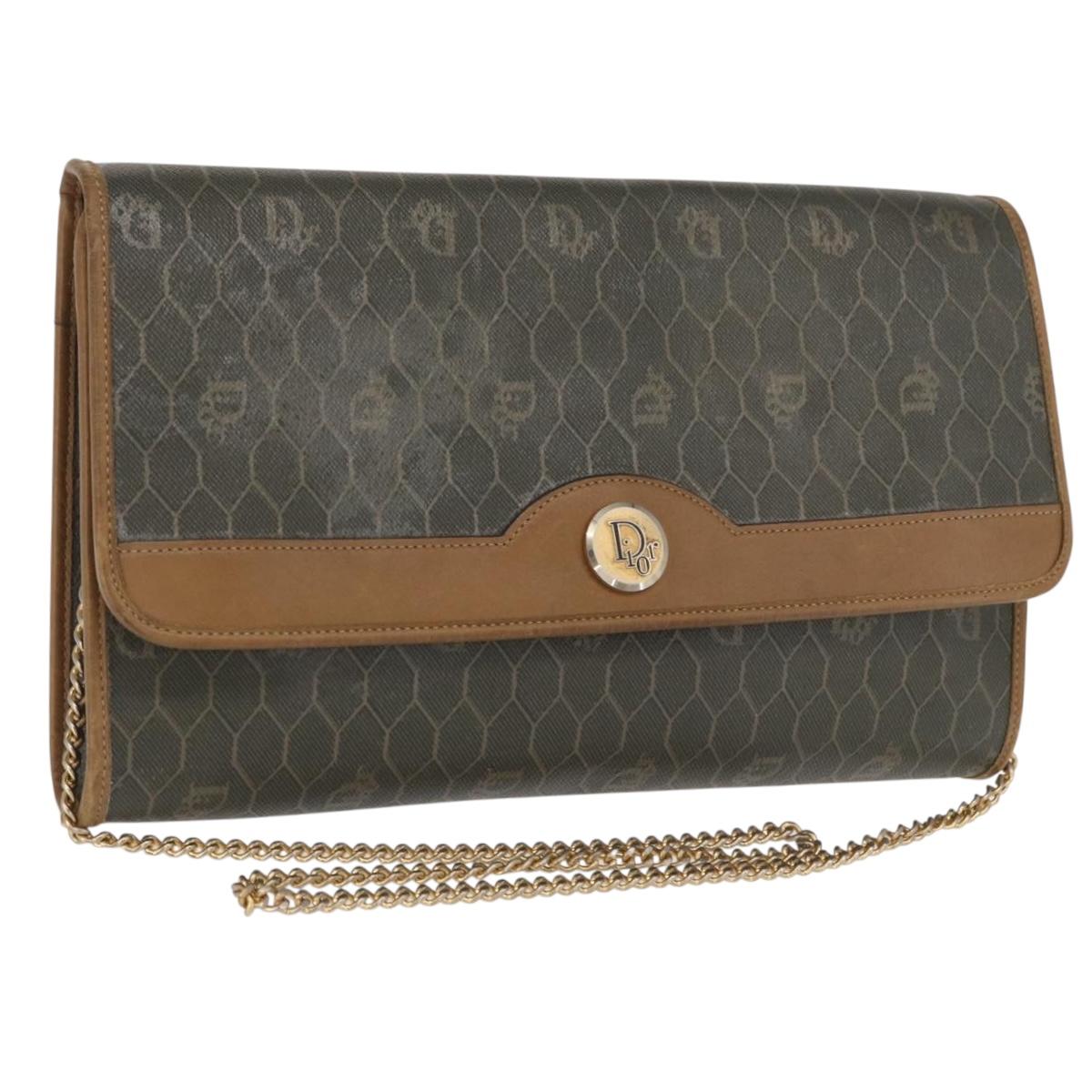 Christian Dior Honeycomb Canvas Chain Bag PVC Black Brown gold Auth bs32702