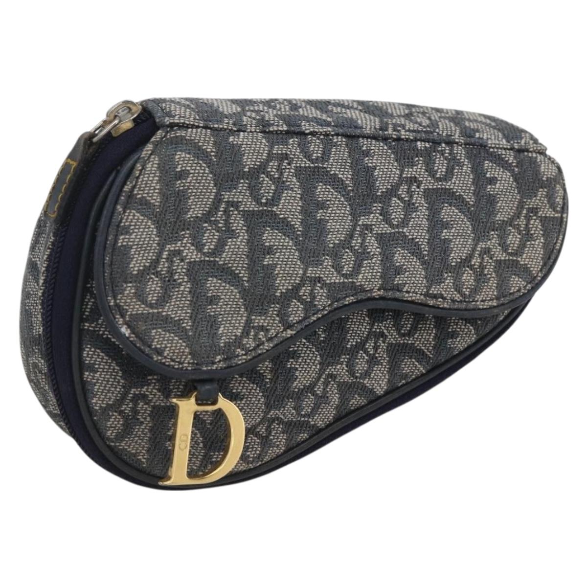 Christian Dior Trotter Canvas Saddle Pouch Navy Gold Auth bs32705