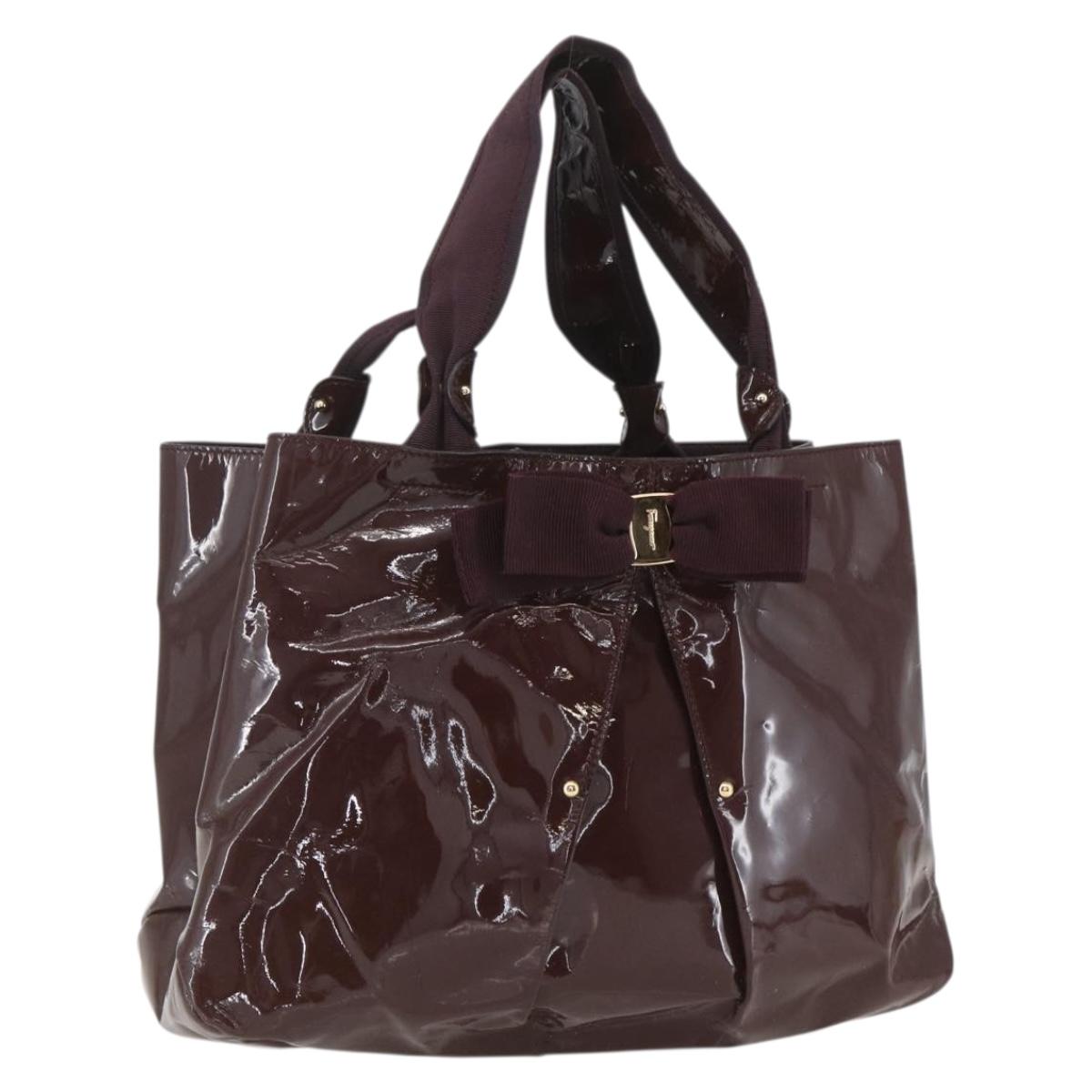 Salvatore Ferragamo Hand Bag Patent leather Brown Gold Auth bs32731