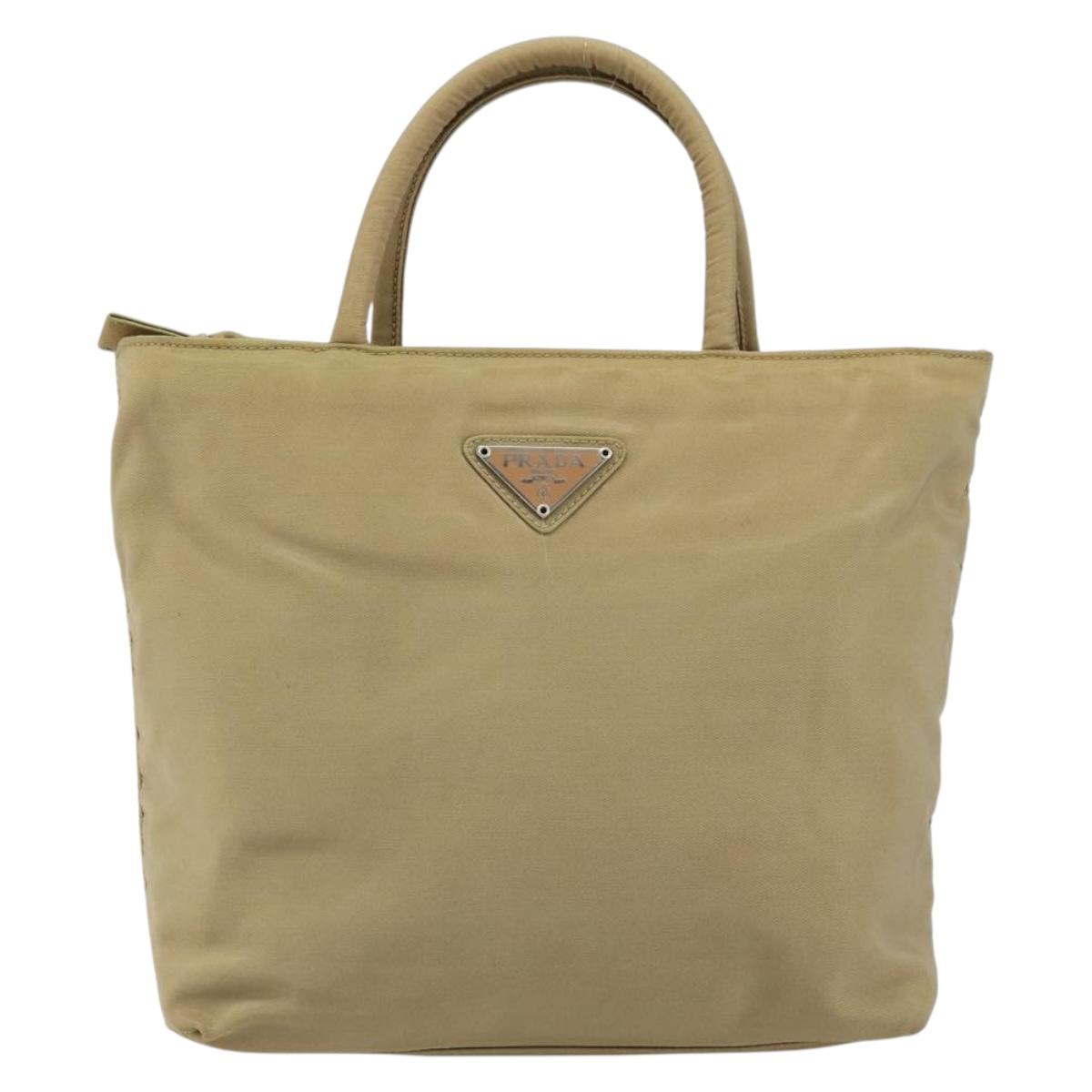PRADA Hand Bag Nylon Beige Silver Auth bs32766