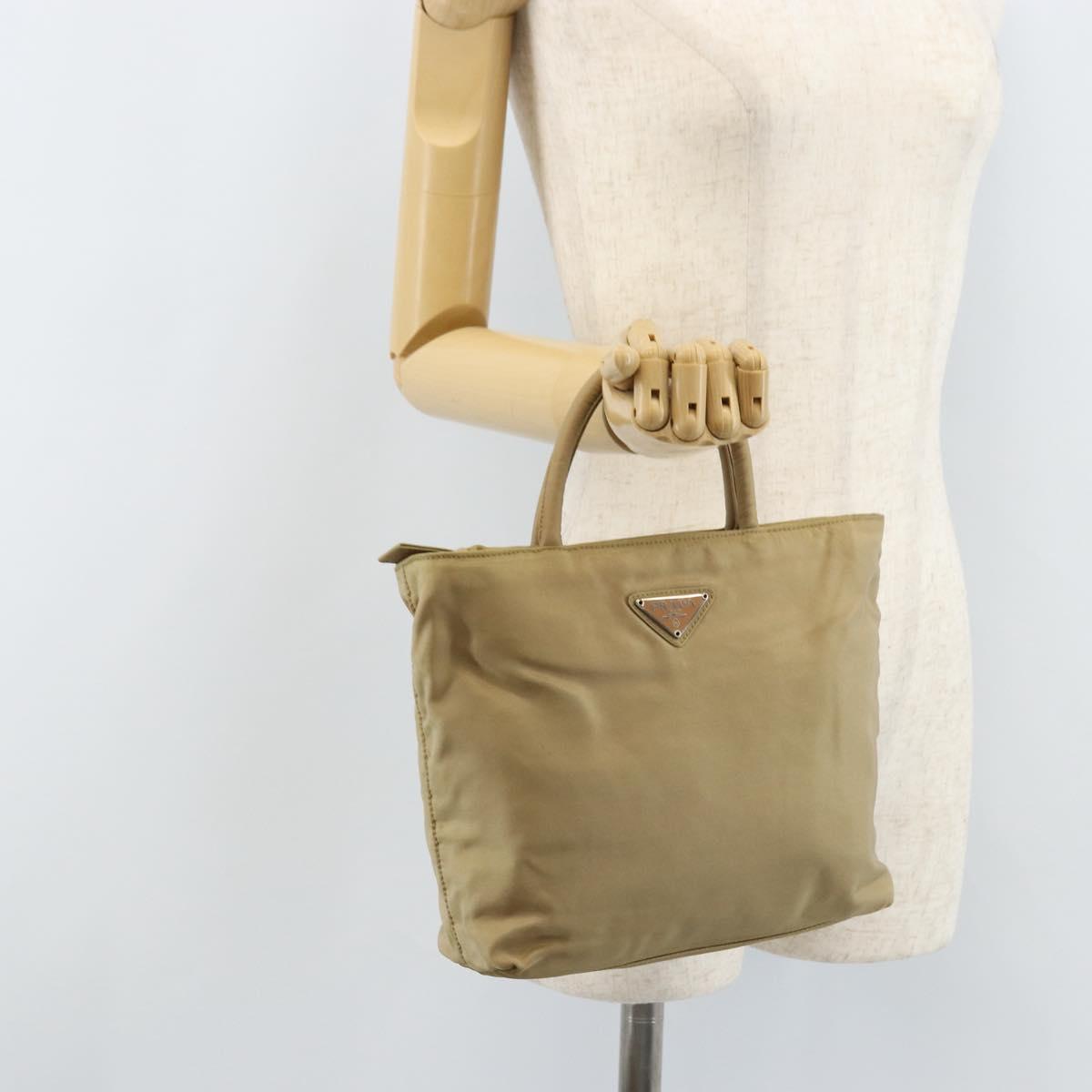 PRADA Hand Bag Nylon Beige Silver Auth bs32766