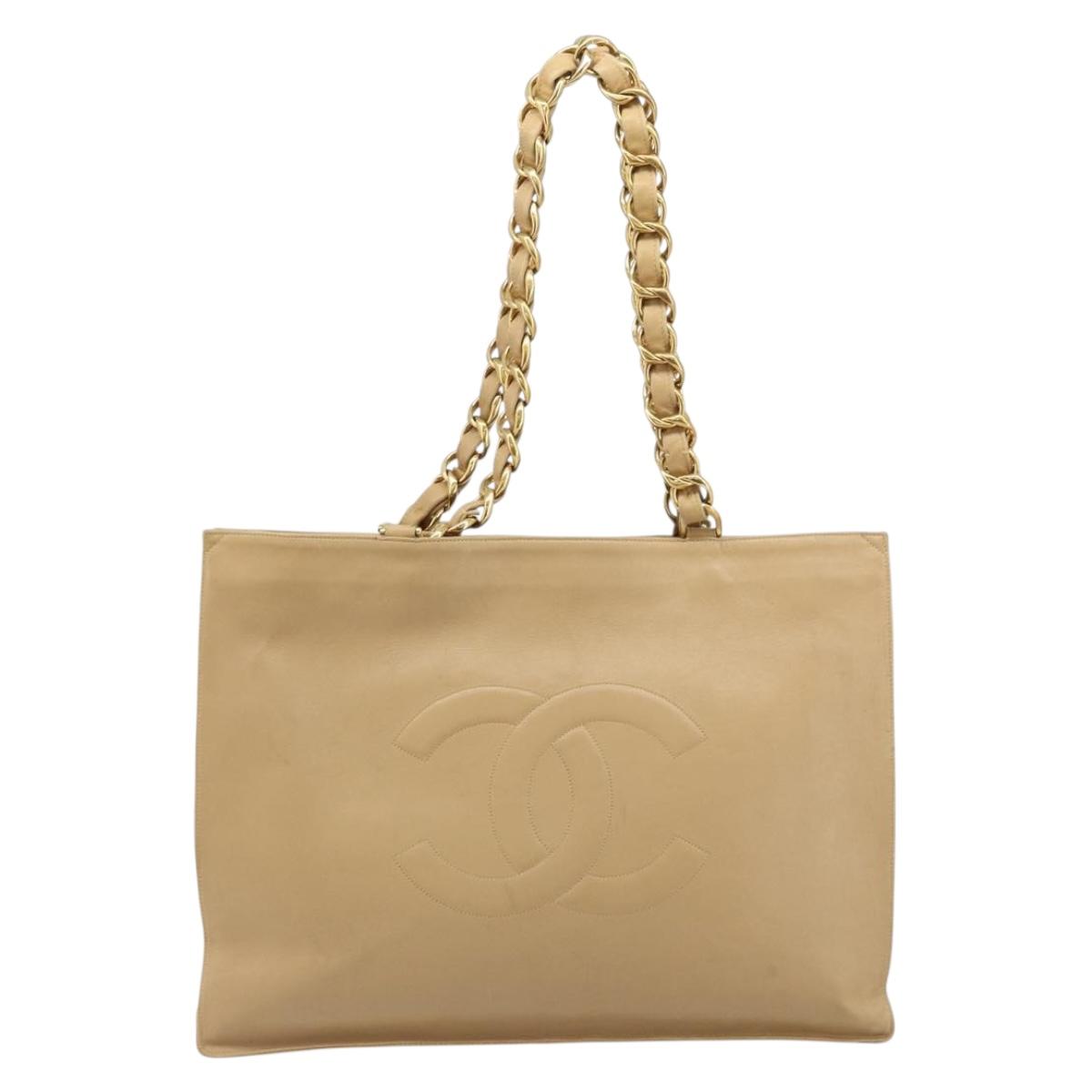 CHANEL Tote Bag Leather Beige Gold CC Auth bs32770