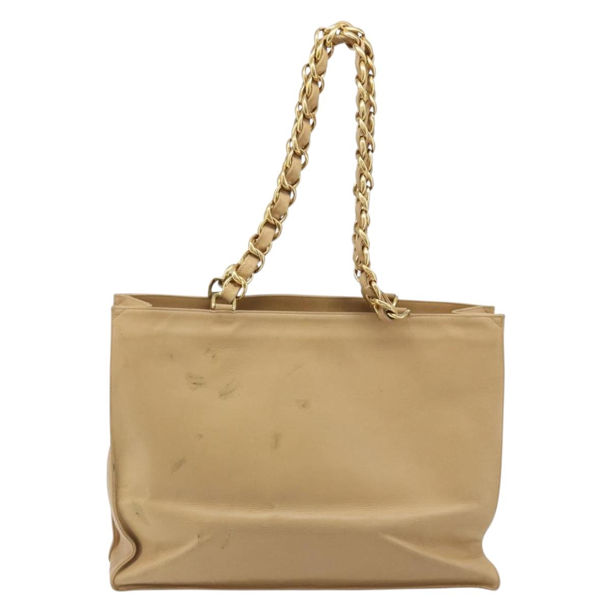 CHANEL Tote Bag Leather Beige Gold CC Auth bs32770