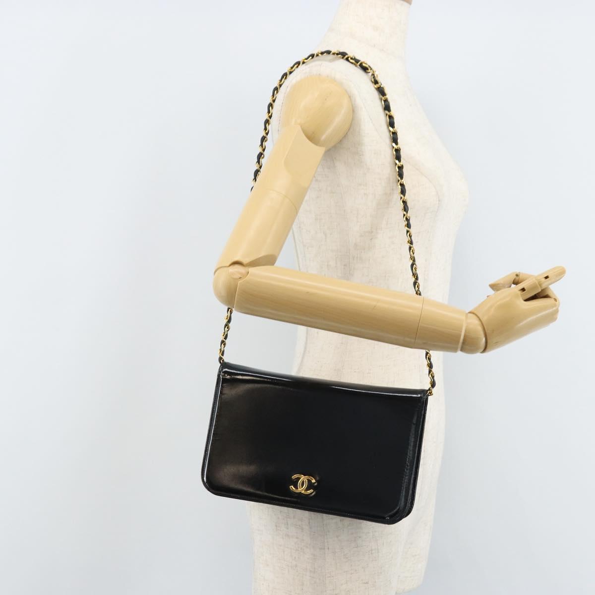 CHANEL Chain Shoulder Bag Patent leather Black Gold CC Auth bs32777