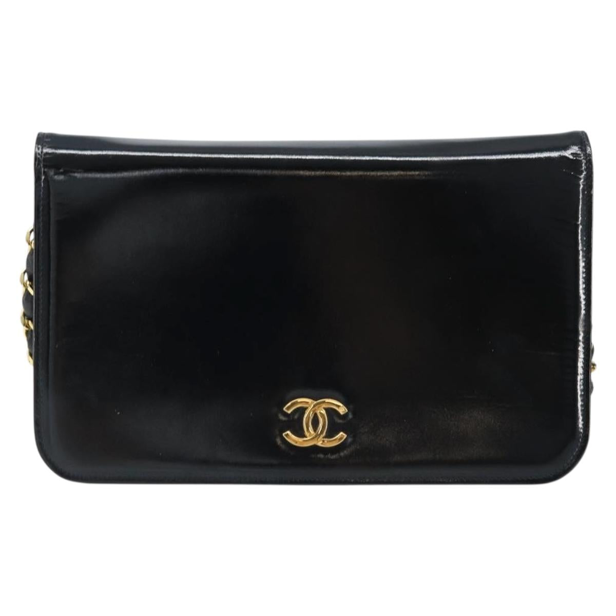 CHANEL Chain Shoulder Bag Patent leather Black Gold CC Auth bs32777