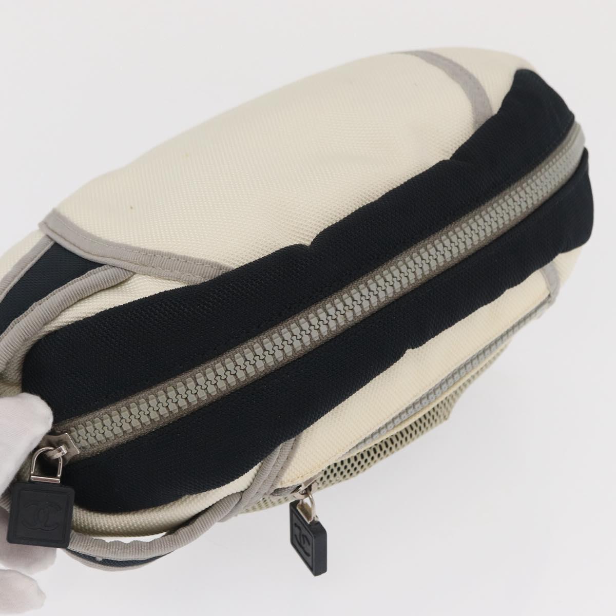 CHANEL Accessory Pouch Nylon White Silver Auth bs32779