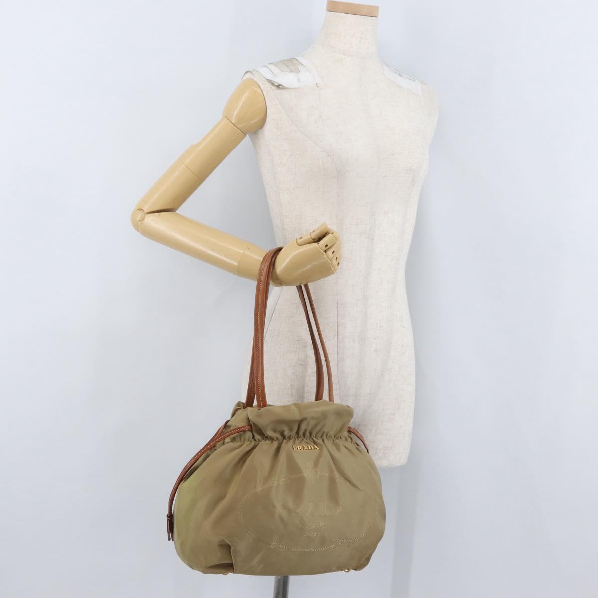 PRADA Tote Bag Nylon Beige Gold Auth bs32789