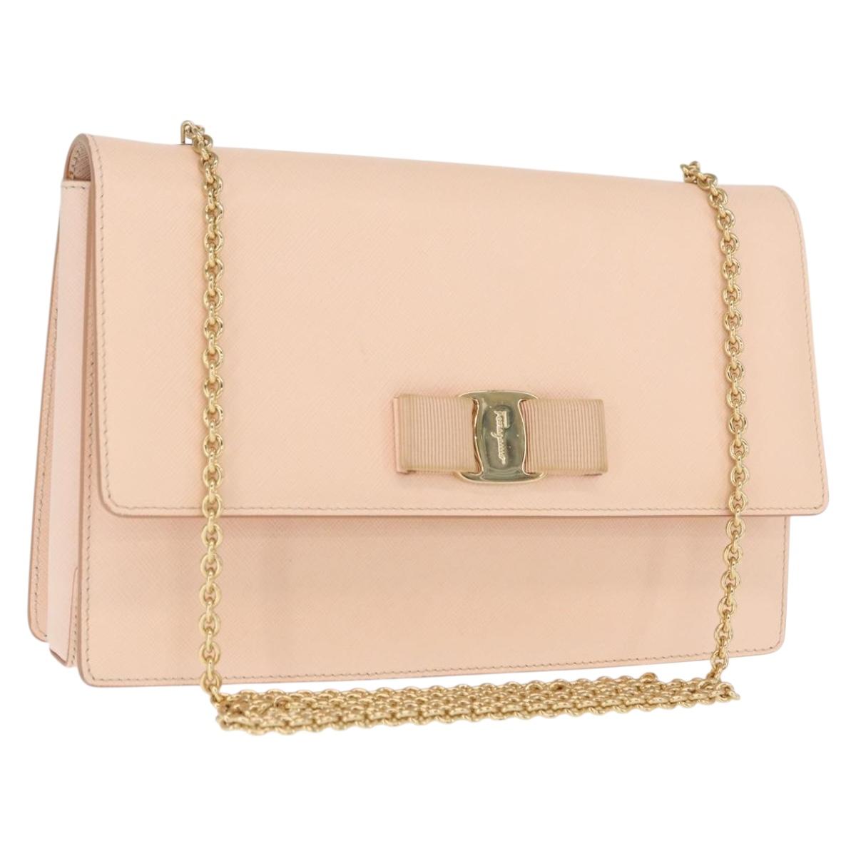 Salvatore Ferragamo Chain Shoulder Bag Leather Pink Gold Auth bs32823