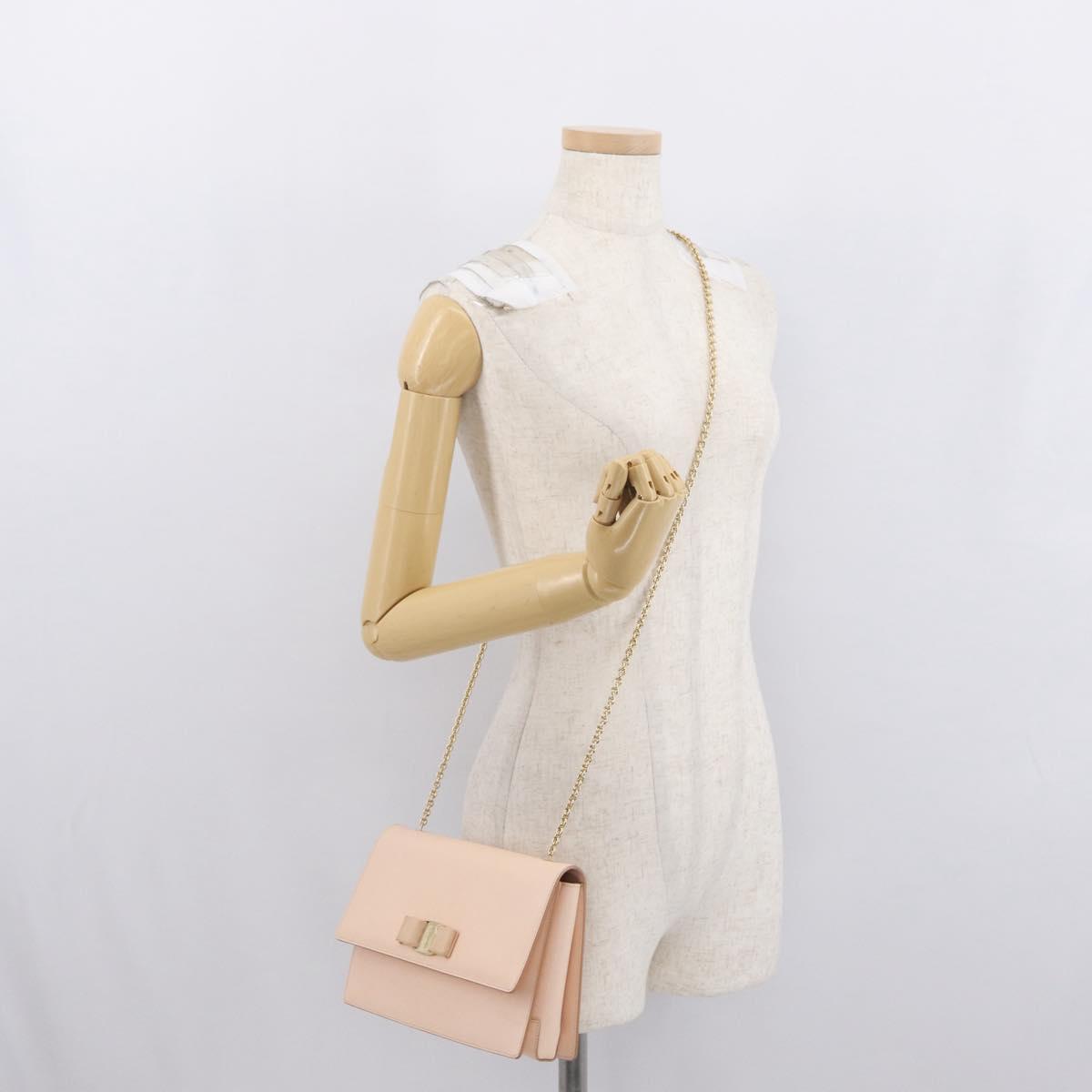 Salvatore Ferragamo Chain Shoulder Bag Leather Pink Gold Auth bs32823